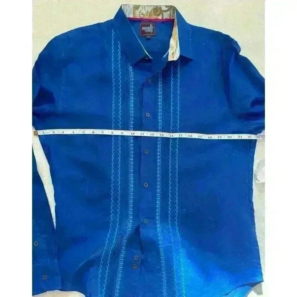 Vintage American Blues Embroidered Men’s Shirt XL Linen Mexico Long sleeve Blue